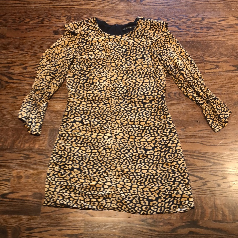Zara Trafaluc Leopard Print Long Sleeve Ruffle Minidress Dress Size Large